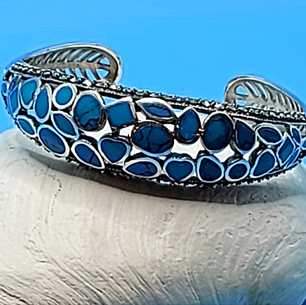 Natural Stabilized‎ Blue Turquoise 7x5mm & Marcasite 925 Sterling Silver Bangle - Picture 9 of 10